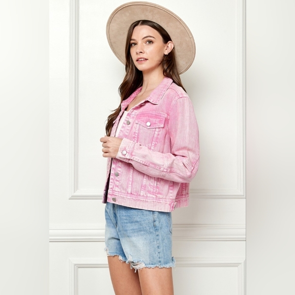 Classic Cropped Faded Pink Jean Denim Jacket Button Up Cotton Veveret - Picture 6 of 10